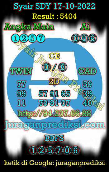 Prediksi Syair SDY 17 Oktober 2022. Syair SDY hari ini, forum syair sydney hari ini 17 Oktober 2022 terbaru dari juragan prediksi adalah Prediksi sydney Senin 17 Oktober 2022 terbaru, jitu dan akurat.